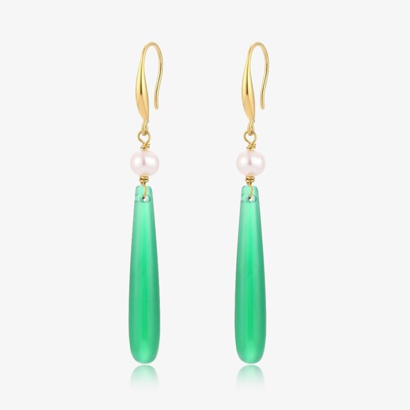 Long Dangle Green Jade & Baby Fresh Water Pearl Earrings - Picture 2 of 3